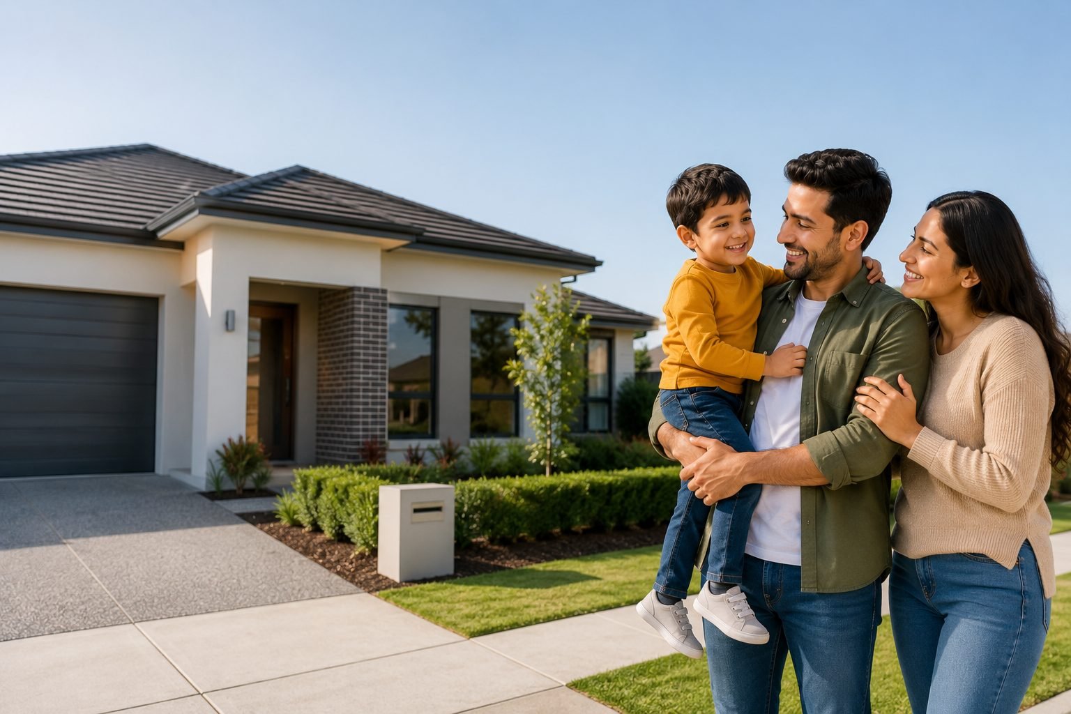 A young family outside their new home